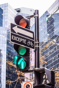 Close-up of road sign against buildings in city