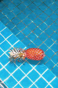 Yellow pineapple floating in a swimming pool. minimal