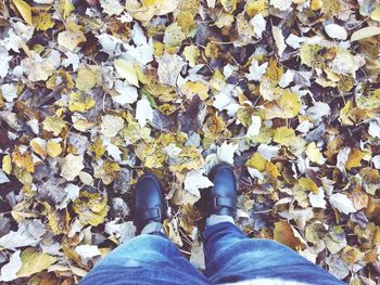 Low section of man standing on fallen leaves