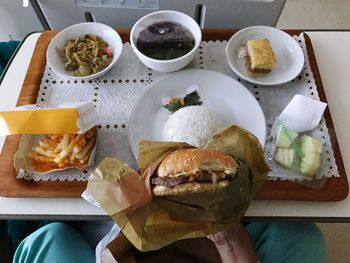 High angle view of breakfast on table