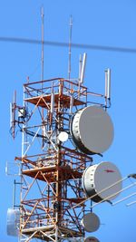 Low angle view of telephone pole against clear blue sky