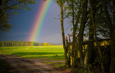 Scenic view of rainbow over landscape against sky