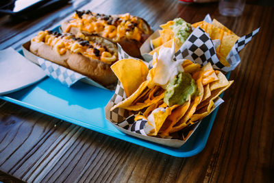 High angle view of food on table. tacos. fast food. 