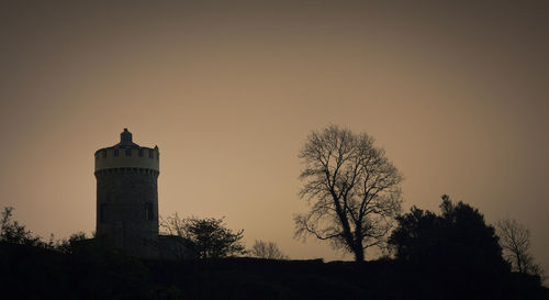 Low angle view of built structure at sunset