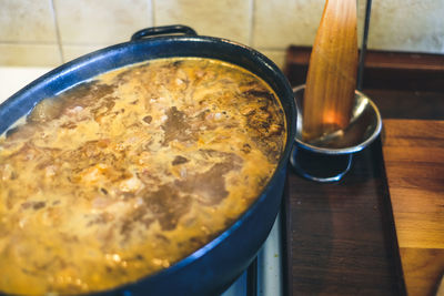 High angle view of soup in bowl on table