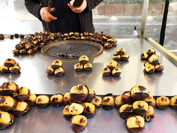 High angle view of man preparing food