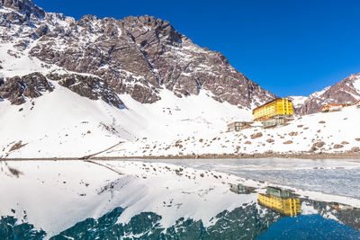 Scenic view of lake by snowcapped mountains against sky