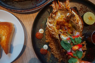 High angle view of food in plate on table