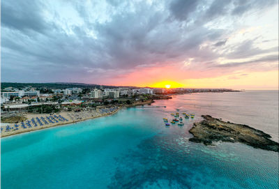 Aerial view of sea against sky during sunset