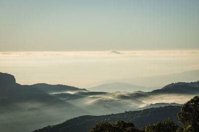 Scenic view of mountains against sky during sunset