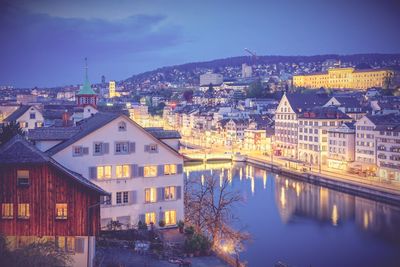 Illuminated buildings in city