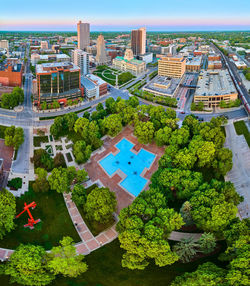 High angle view of buildings in city