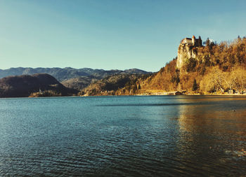 Scenic view of lake against clear sky