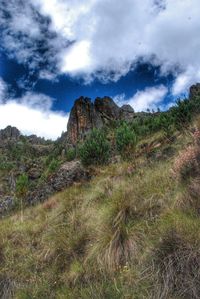 Scenic view of rocks on field against sky