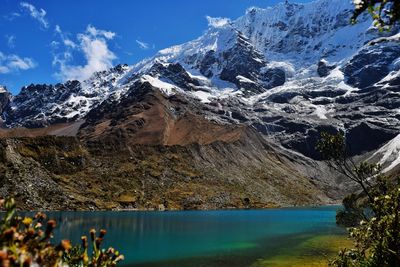 Scenic view of lake by snowcapped mountains against sky