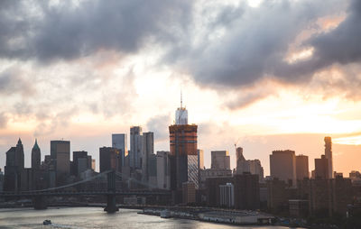 View of cityscape against cloudy sky during sunset