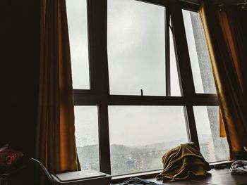 Rear view of woman looking through glass window