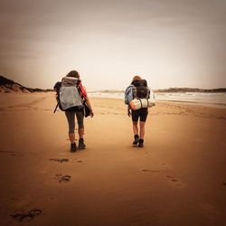 Rear view of two people walking on beach