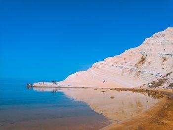 Scenic view of beach against clear blue sky