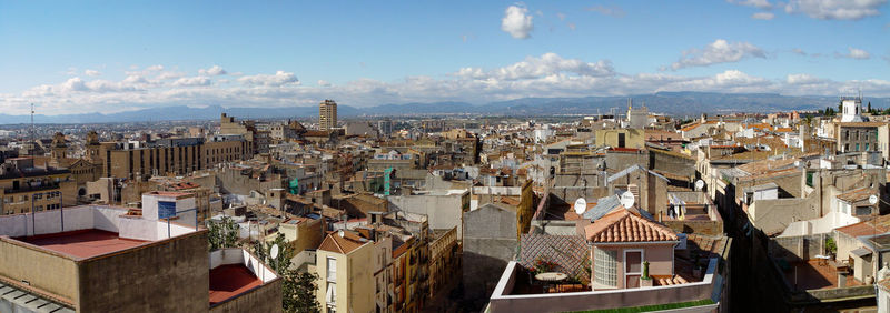 Aerial view of cityscape against blue sky