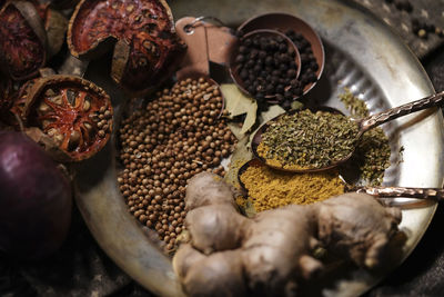 High angle view of spices in container