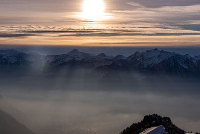 Scenic view of snowcapped mountains against sky during sunset