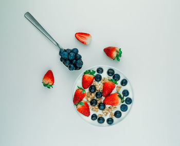 High angle view of dessert served on table against white background