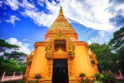 Low angle view of temple building against sky