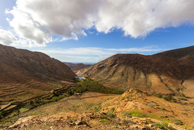 Panoramic view at landscape between betancuria and pajara on fuerteventura, spain 