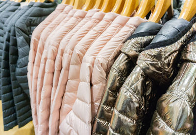 Close-up of warm clothing in store