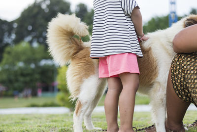 Rear view of woman with dog on field