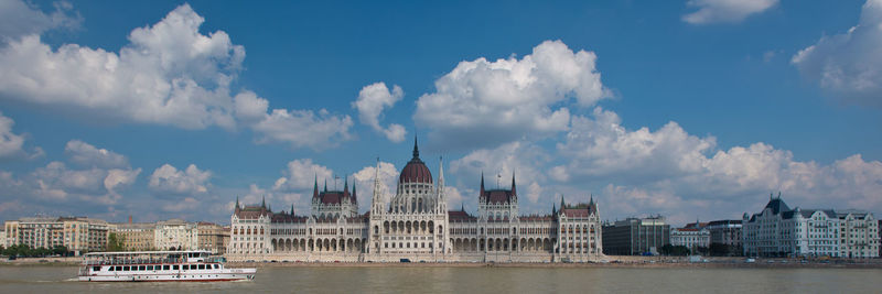 Panoramic view of buildings against cloudy sky