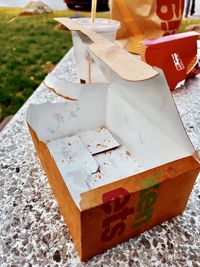 High angle view of box on table