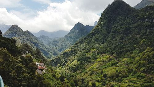 Scenic view of mountains against cloudy sky