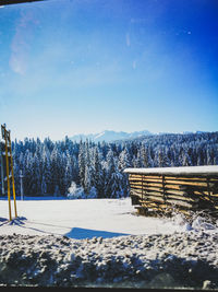 Snow covered field against blue sky