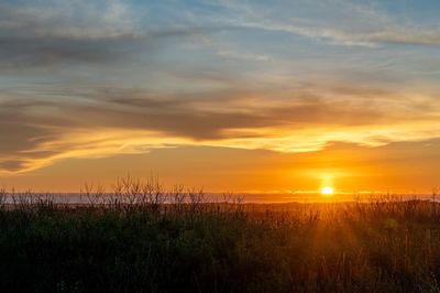 Scenic view of field against romantic sky at sunset