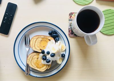 High angle view of breakfast on table