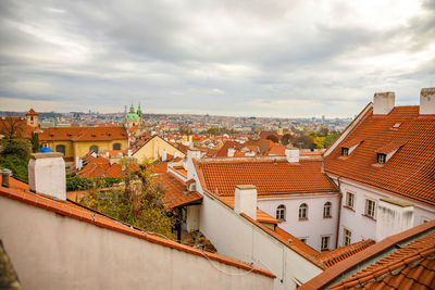 High angle view of buildings in city against sky