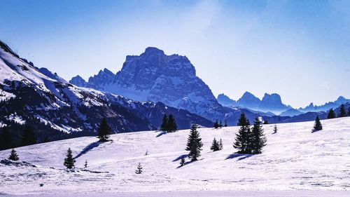 Scenic view of snow covered mountains against clear sky