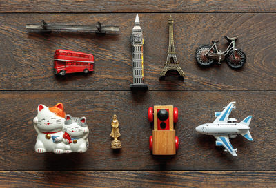 High angle view of toys on wooden table