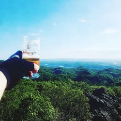 Close-up of hand holding drink against sky