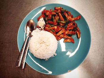 High angle view of food served in plate