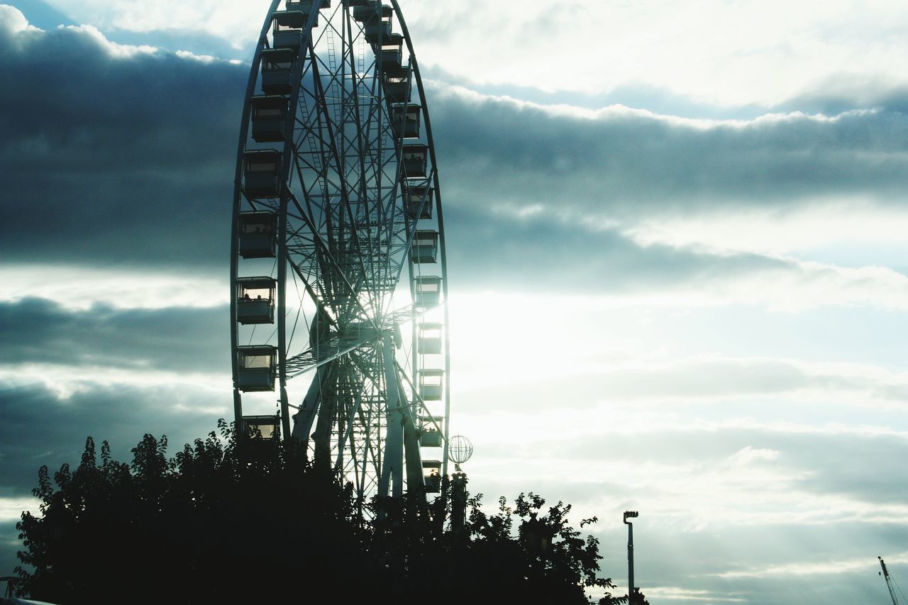 LOW ANGLE VIEW OF FERRIS WHEEL AT SUNSET