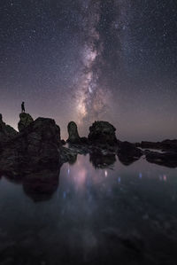 Reflection of illuminated sky on water at night