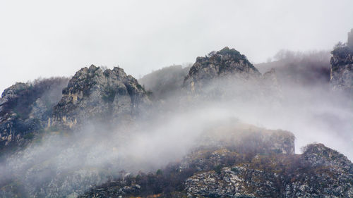 Panoramic view of trees and mountains against sky