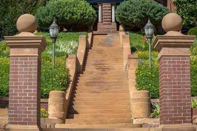 Potted plants on staircase outside building