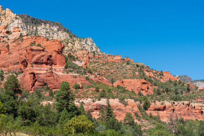 Arizona slide rock state park low angle landscape of orange and white stone hillside and greenery