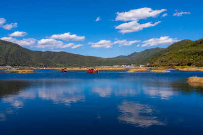 Scenic view of lake against blue sky