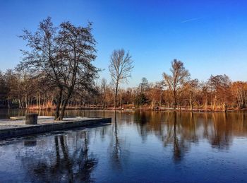 Scenic view of calm lake against clear sky