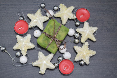 High angle view of christmas decorations on floor